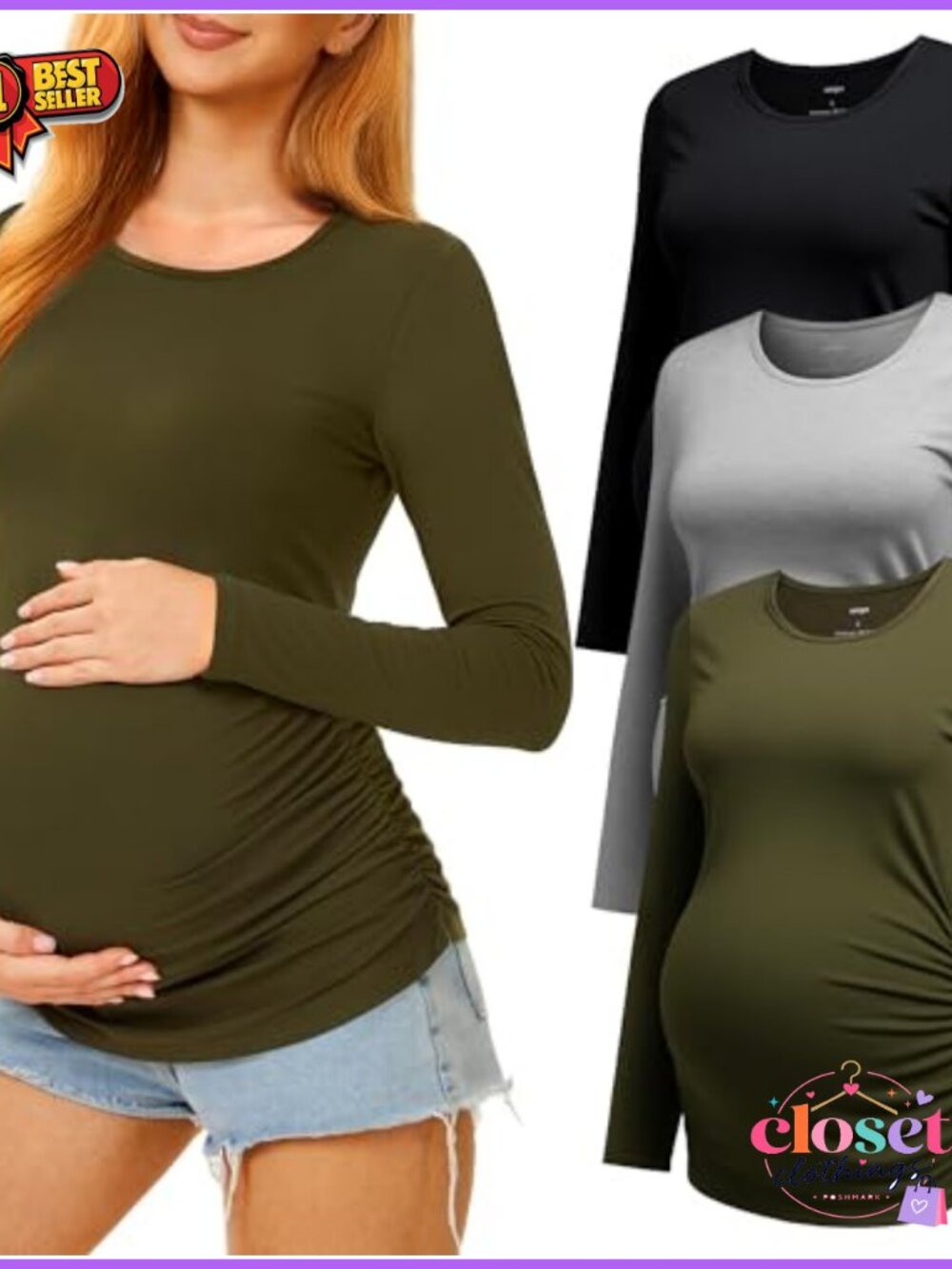 3 Pack Maternity Long Sleeve Crew Neck T-Shirts Side Ruching